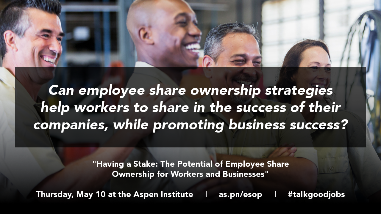 A group of smiling workers with text overlay (question, event name, date, URL, and hashtag)