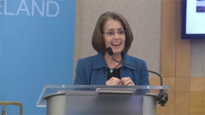 Maureen Conway speaks at " Help Wanted: Building Opportunity in Today's Labor Market," a panel discussion hosted by the City Club of Cleveland on August 2, 2019.