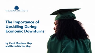 Foreground: "The Importance of Upskilling During Economic Downturns" by Carol Morrison (i4cp) and Kevin Martin (i4cp). Background: Woman in graduation cap and gown staring into the distance
