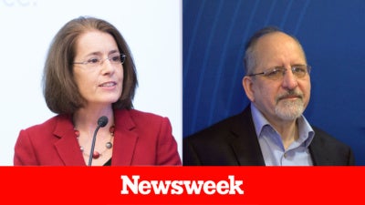 Headshots of Maureen Conway and Mark Popovich, above the Newsweek logo