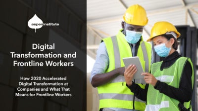Foreground: "Transformation in 2020: How 2020 Accelerated Digital Transformation at Companies and What That Means for Frontline Workers. March 24, 3:00 p.m. ET. #upskilling" Background: Photo of two warehouse workers wearing hard hats, reflector vests, and face masks. They are standing in front of a stack of cardboard boxes while looking at an electronic tablet. One is a Black man and the other is an Asian woman.
