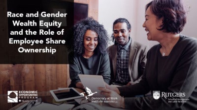 Foreground: "Race and Gender Wealth Equity and the Role of Employee Share Ownership." Background: Photo of a young Black couple speaking to a financial advisor