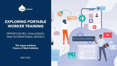 Promotional graphic for the report, “Exploring Portable Worker Training: Opportunities, Challenges, and International Models,” by the Aspen Institute Future of Work Initiative. The graphic features the title and release date (May 2021), as well as stylized icons representing workers, learning, and technology, including gears, buttons, charts, images, and documents.