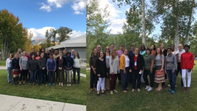 Two photos, side by side, of both cohorts of Job Quality Fellows meeting in Aspen, Colorado.