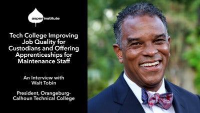 Promotional image for the blog post, "Tech College Improving Job Quality for Custodians and Offering Apprenticeships for Maintenance Staff: An Interview with Walt Tobin, President, Orangeburg-Calhoun Technical College" featuring a photo of Walt Tobin