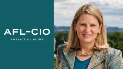 Photo of Liz Shuler next to the AFL-CIO logo