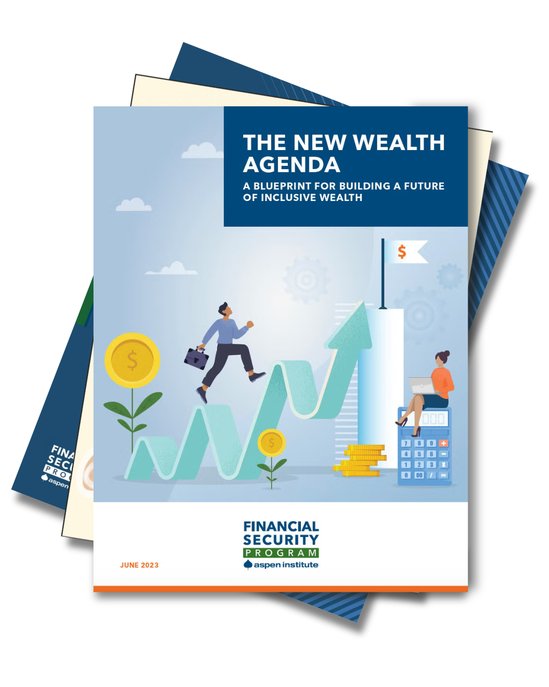 A stack of publications. The top publication is titled "The New Wealth Agenda."