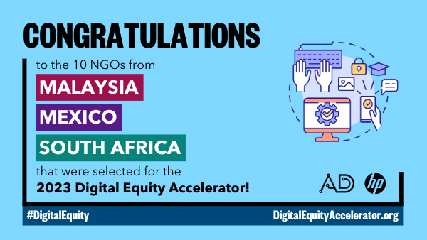 Congratulations image containing tech icons. Text reads Congratulations to 10 NGOs from Malaysia, Mexico, and South Africa.