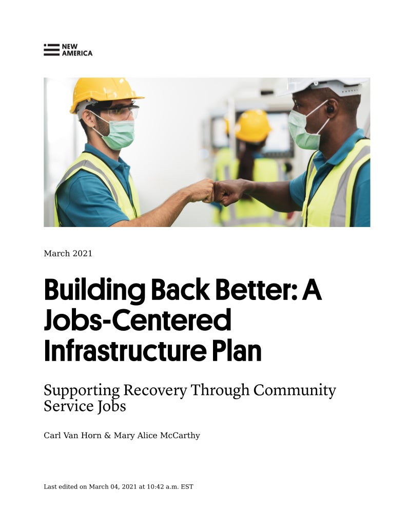 Cover page: "Building Back Better: A Jobs-Centered Infrastructure Plan"
