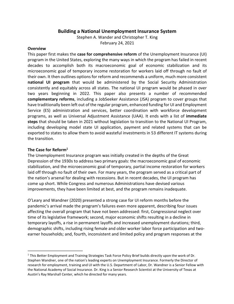 Cover: "Building a National Unemployment Insurance System"