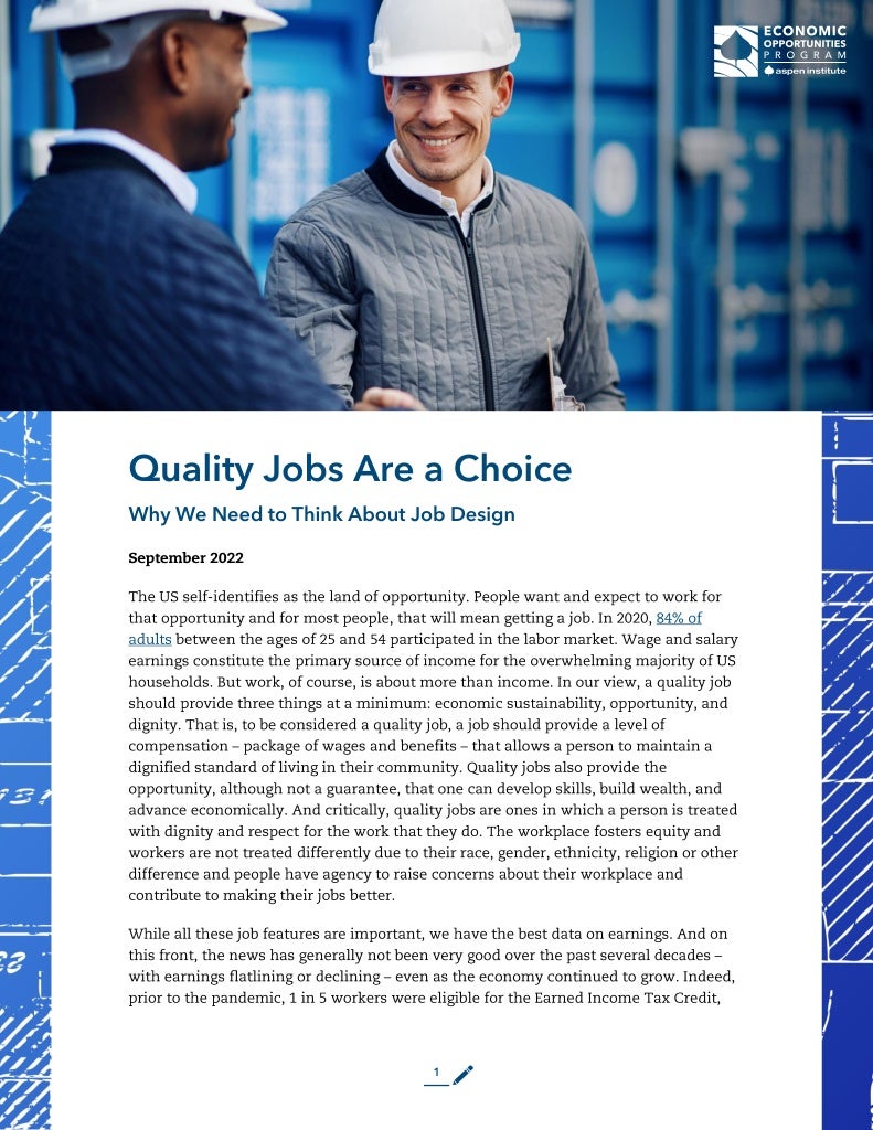 Cover page for the publication, “Quality Jobs Are a Choice: Why We Need to Think About Job Design”
