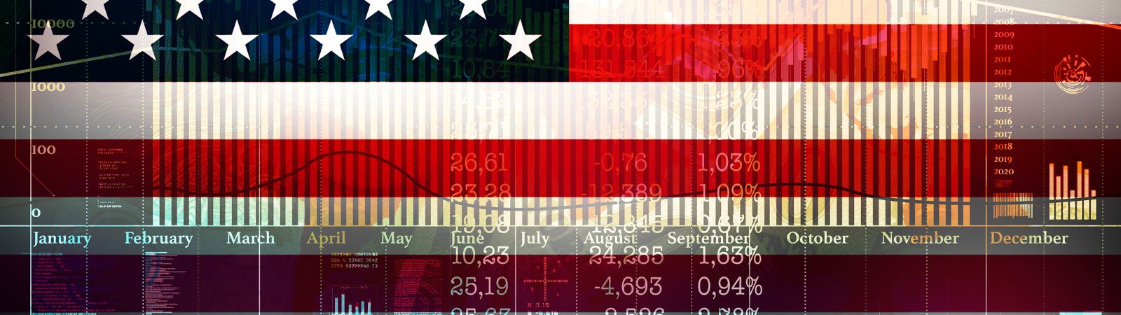 Economic charts and indicators superimposed on an American flag