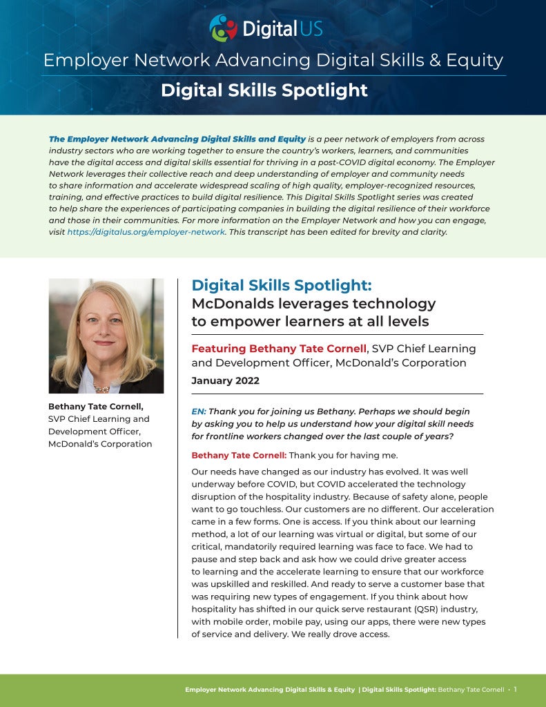 Cover page of the publication “Digital Skills Spotlight: McDonald’s Leverages Technology To Empower Learners at All Levels”