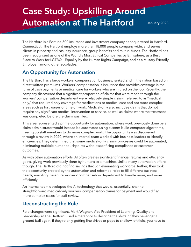 Cover page of the publication, “Case Study: Upskilling Around Automation at The Hartford”