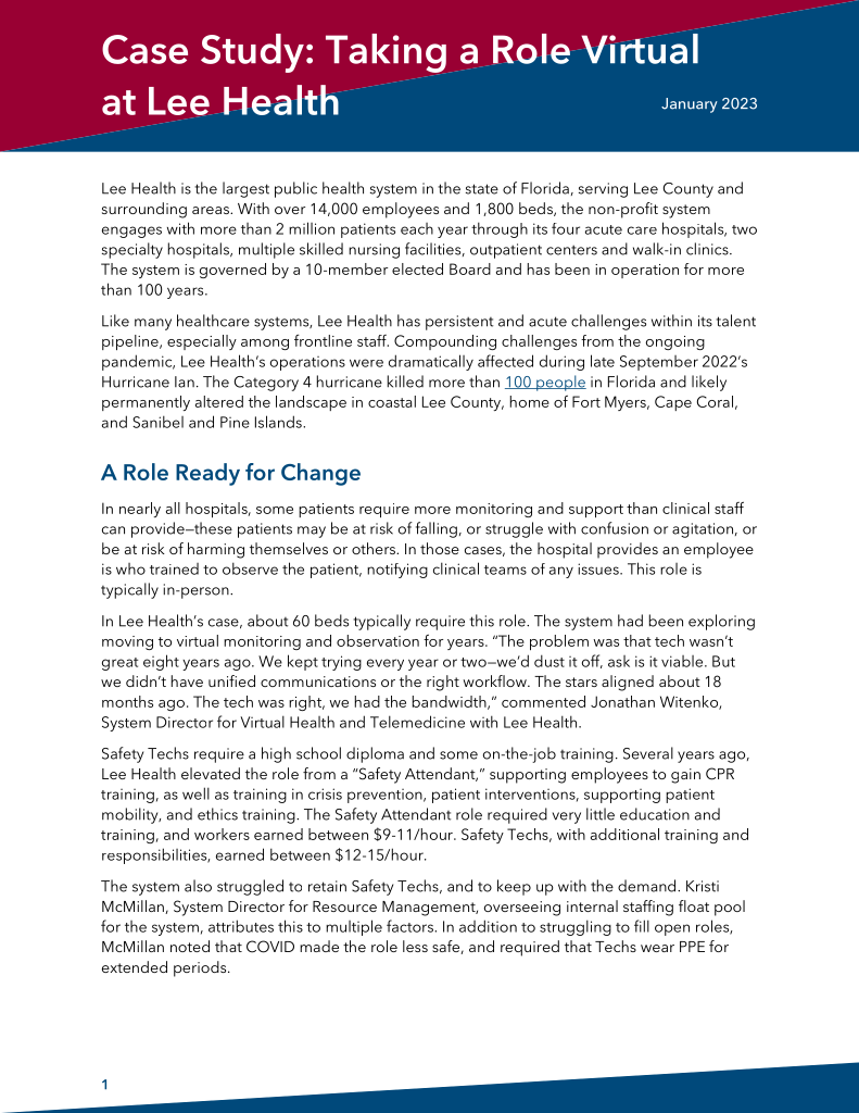 Cover page of the publication, “Case Study: Taking a Role Virtual at Lee Health”