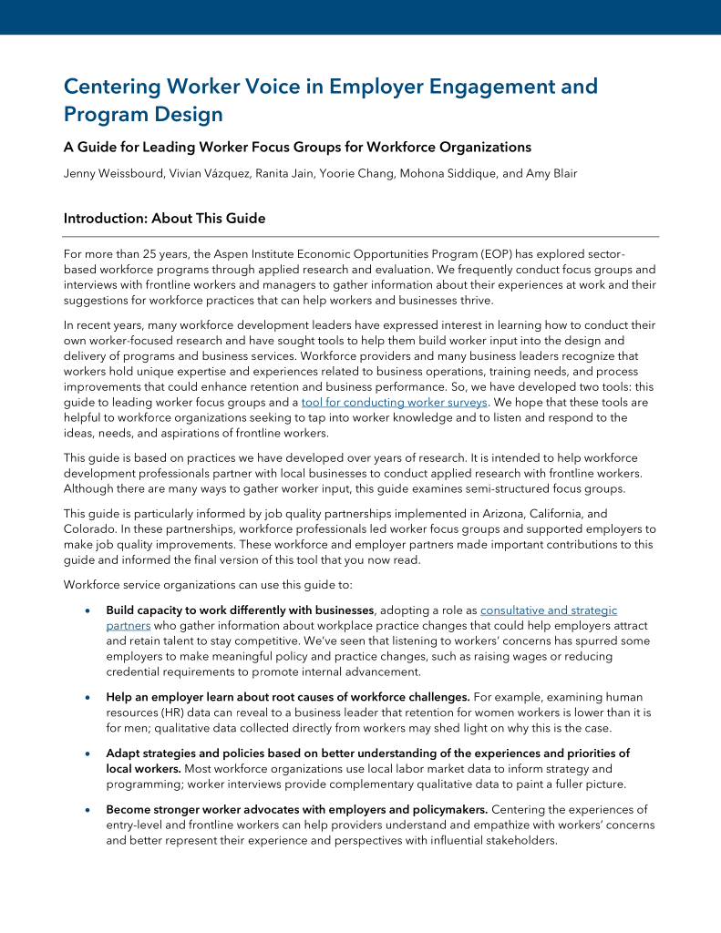 Cover page for the publication "Centering Worker Voice in Employer Engagement and Program Design: A Guide for Workforce Organizations"