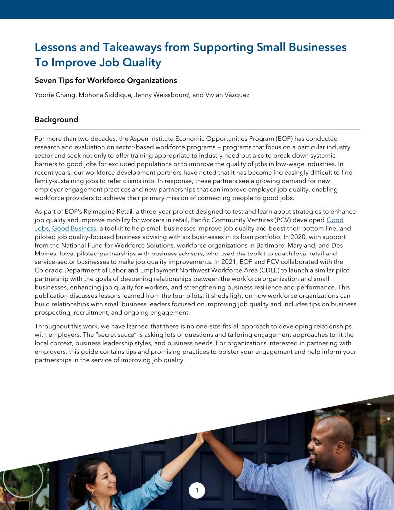 Cover page for the publication "Lessons and Takeaways from Supporting Small Businesses to Improve Job Quality: Seven Tips for Workforce Organizations"