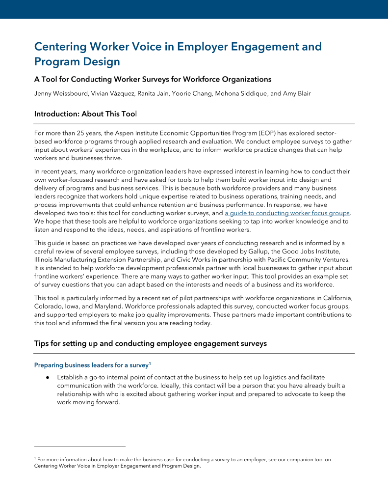 Cover page for the publication "Centering Worker Voice in Employer Engagement and Program Design: A Tool for Conducting Worker Surveys for Workforce Organizations"