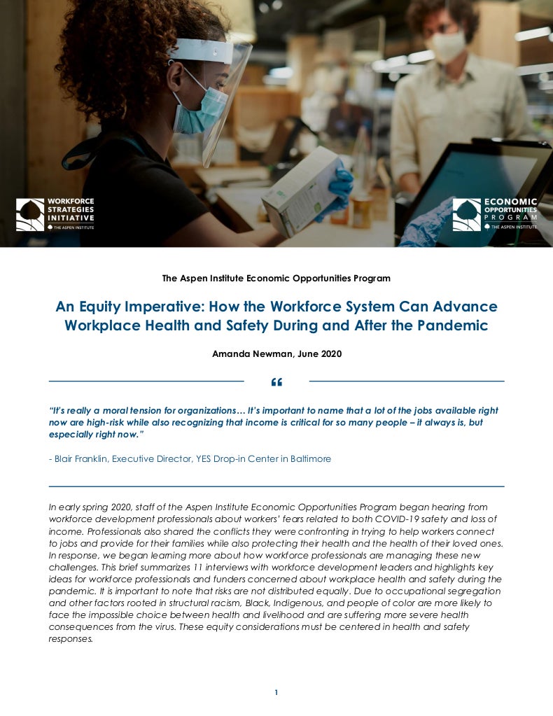 Screenshot of the first page of "An Equity Imperative: How the Workforce System Can Advance Workplace Health and Safety During and After Pandemic"