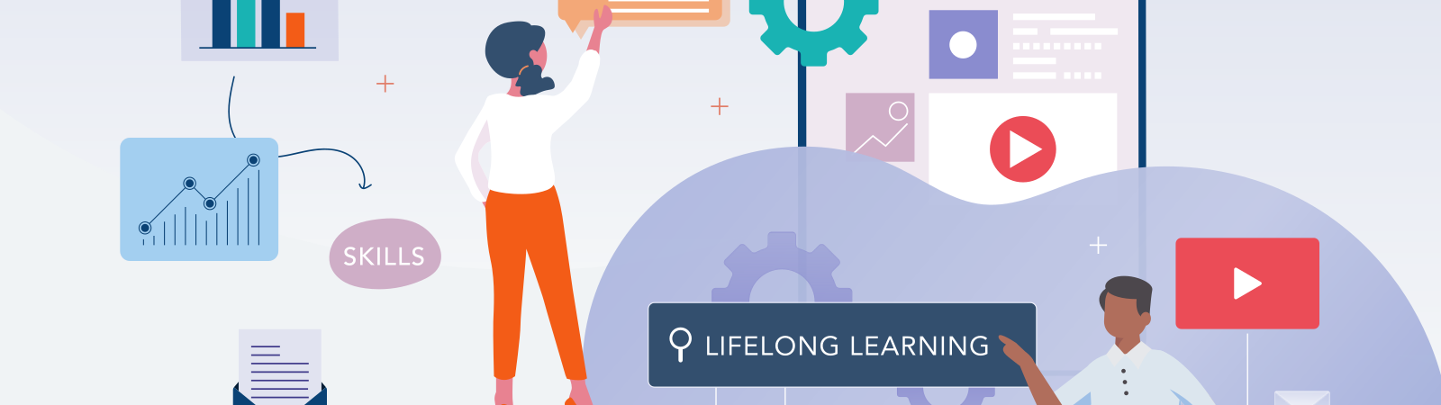 Stylized icons representing workers, learning, and technology, including gears, buttons, charts, images, and documents.