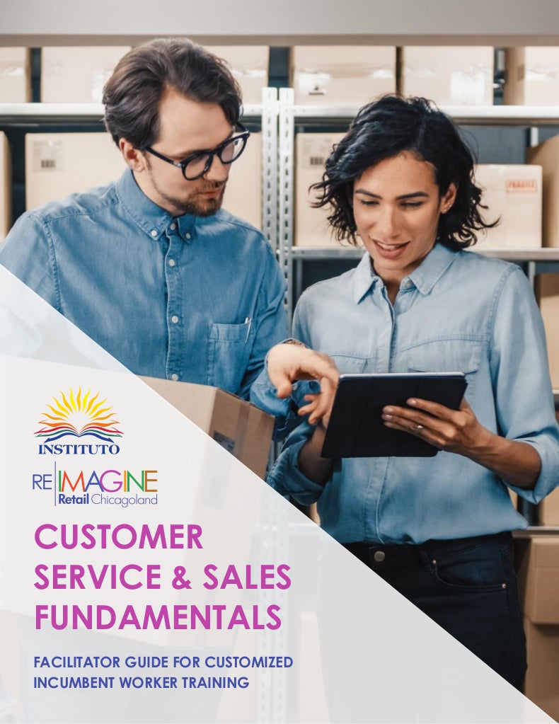 Cover page: "Customer Service & Sales Fundamentals: Facilitator Guide for Customized Incumbent Worker Training"