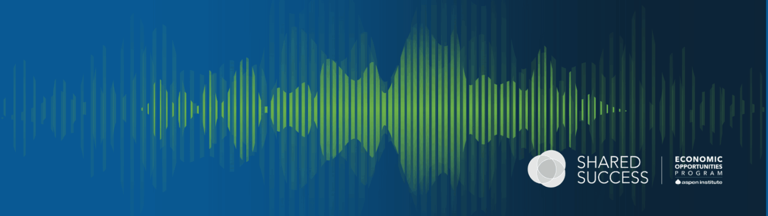 Abstract graphic of green sound waves on top of a blue background. Image features the Shared Success and Economic Opportunities Program logos.