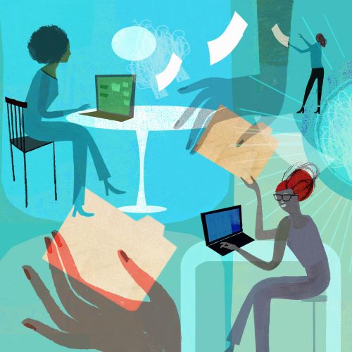 A cartoon graphic of women at computers.