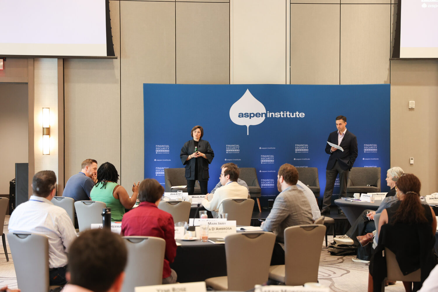 Karen Biddle Andres and Jason Ewas give a presentation at the Aspen Leadership Forum on Retirement Savings