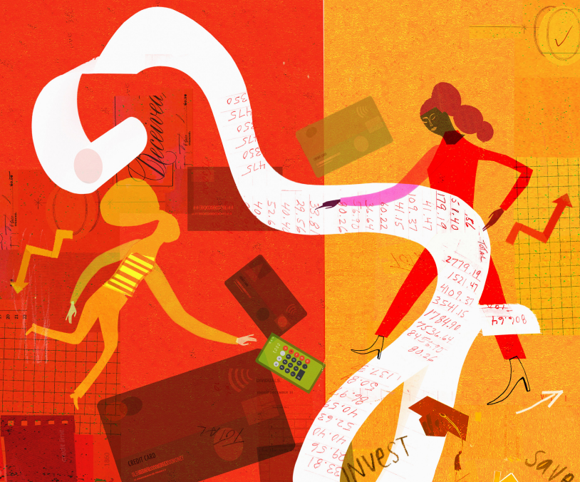 A drawing of two women surrounded by large receipts