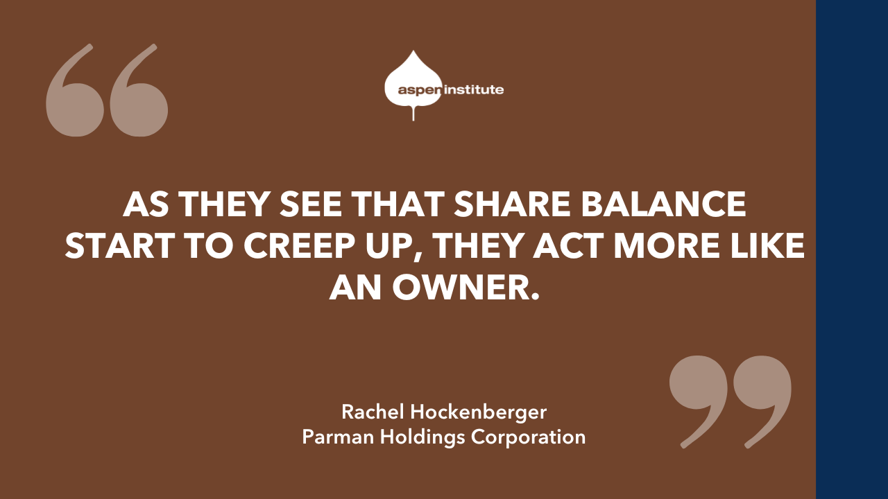 Graphic with a quote from Rachel Hockenberger: "As they see that share balance start to creep up, they act more like an owner."