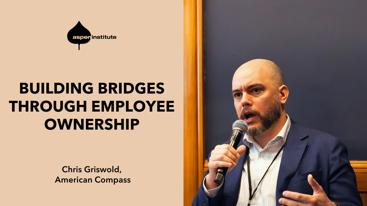 Image of Chris Griswold with a light grey graphic that reads "Building Bridges Through Employee Ownership." This image leads to a clip of Chris Griswold speaking at the 2025 Employee Ownership Ideas Forum on YouTube.