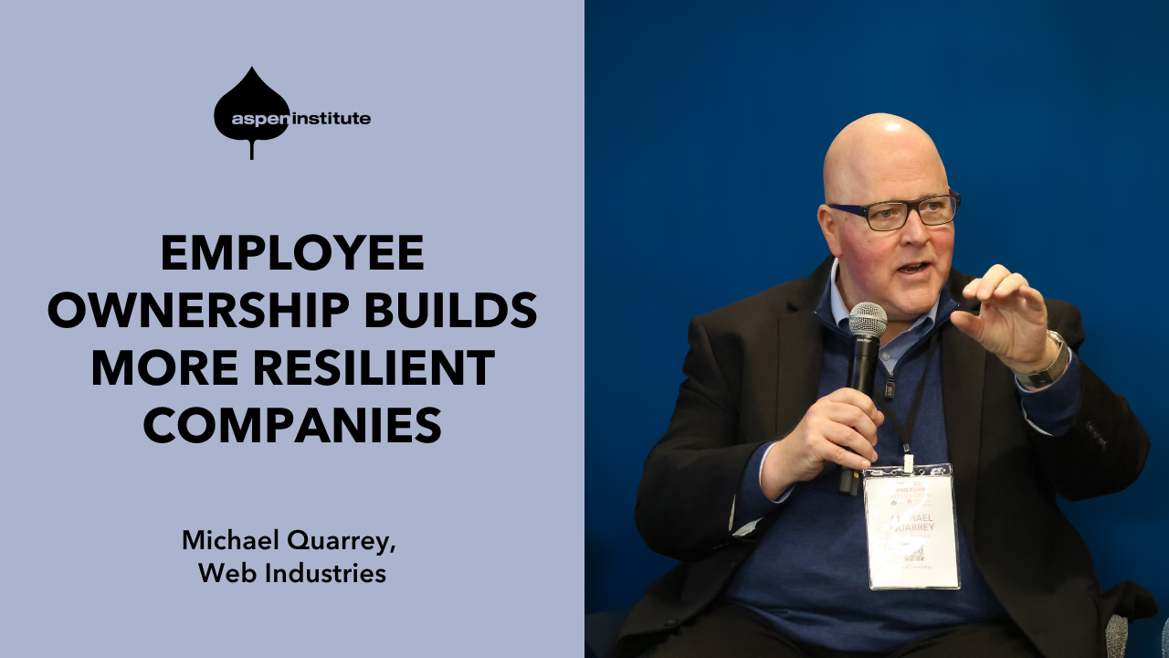 Image of Michael Quarrey with a light blue graphic that reads "Employee Ownership Builds More Resilient Companies." This image leads to a clip of Michael Quarrey speaking at the 2025 Employee Ownership Ideas Forum on Youtube.
